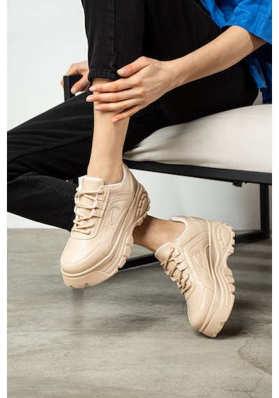Nstil Günlük Kadın Spor Ayakkabı Yüksek Kalın Taban 6 Cm Suni Deri Sneaker 001 Bej