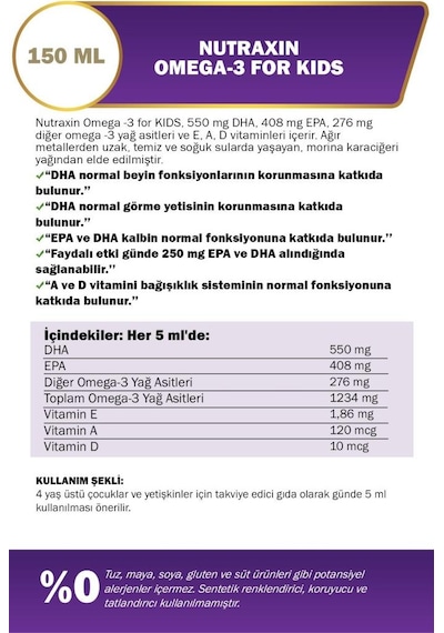 Nutraxin For Kids Omega-3 Balık Yağı Takviye Edici Gıda 150 ML
