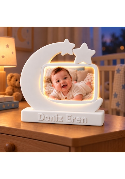 Sehmira Kişiye Özel Led Işıklı Ay Yıldız Fotoğraf Lambası Beyaz