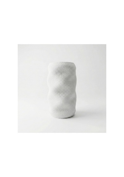 Modern Dalgalı Tasarım Beyaz Dokulu Vazo - Kumtaşı Görünümlü Dekoratif Obje 16cm Beyaz