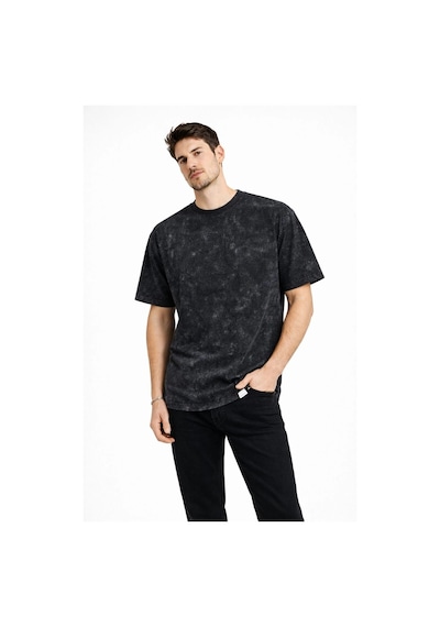 Erkek Asit Yıkama Bisiklet Yaka Kısa Kollu Oversize T-shirt Tişört - Siyah Siyah