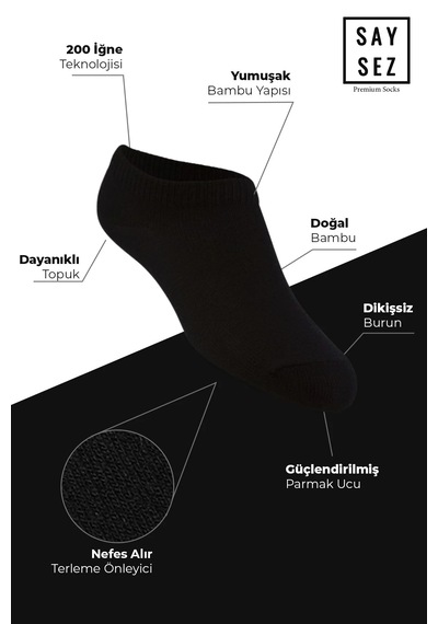 Saysez Bambu Kadın Sneaker Asorti Çorap Dikişsiz Görünmez Bilek Spor 4lü Beyaz - Gri - Siyah