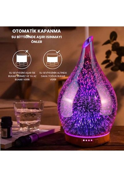 7 Renk Led Işıklı Aromaterapi Difüzörü Otomatik Kapanmalı Zaman Ayarlı Koku Verici Gece Lambası Pembe