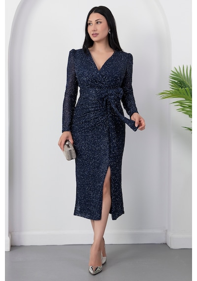 Kalopya Kruvaze Yaka Uzun Kol Yırtmaçlı Boncuklu Elbise Ecr5688 Lacivert