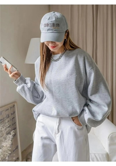 Novalisse Kadın 3 İplik Pamuklu Oversize Yarım Fermuarlı Yakalı Basic Sweatshirt - Gri Çoklu Renk