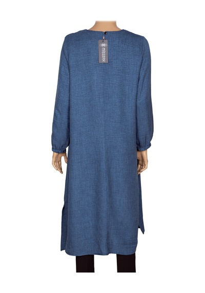 Hermevsim Missbah Kadın Efnan Keten Basic 115cm Yanı Yırtmaçlı Uzun Mavi Tunik