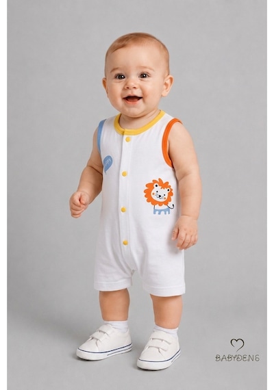 Babyden's Erkek Bebek Tulum Yazlık Pamuklu Şortlu Çıtçıtlı Aslan Baskılı Bebek Tulumu Yenidoğan Bebek Giyim 0-9 Ay Beyaz