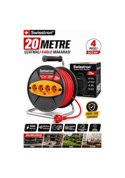 Swisstron Sws20kms Seyyar Atölye Ve Ev Tipi 4 Prizli Makaralı Uzatma Kablosu 3x2,5mm 20 Metre 20 M
