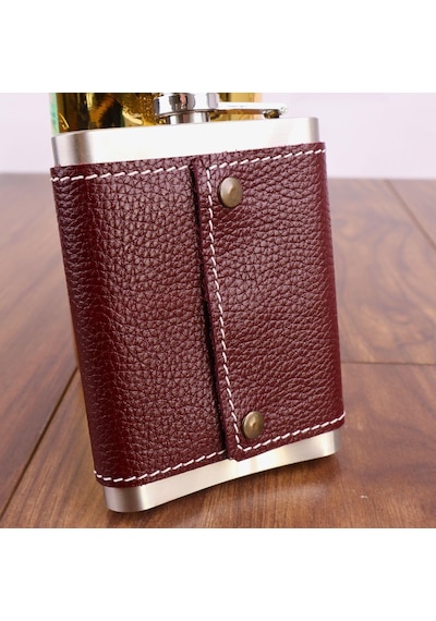 Perlotus 8 Oz 235 Cc Hunili Kızıl Kahverengi Hakiki Deri Kılıflı Çelik Viski İçki Matarası Kahverengi Açık