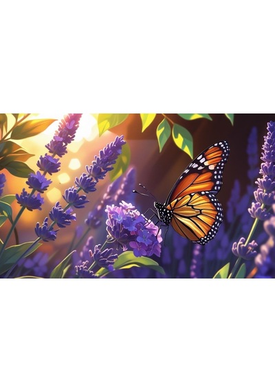 Kelebek Parlayan Güneş Işığı Altında Lavanta Çiçeğinin Üzerinde Dinleniyor 07 Çerçevesiz 50x30 Cm Pvc Tablo