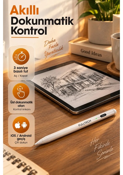 Exenar - Beyaz - Akıllı Attif Stylus Kalem Apple iPad Android Uyumlu Palm Rejection Hassas Dokunmatik Yazı Ve Çizim Kalemi 1