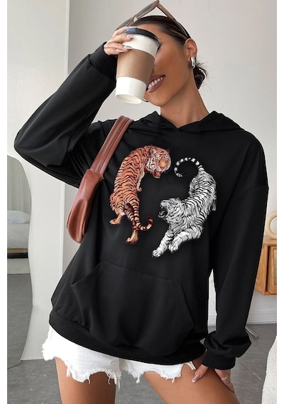 Uyguntarz Unisex Tiger Baskılı Sweatshirt siyah