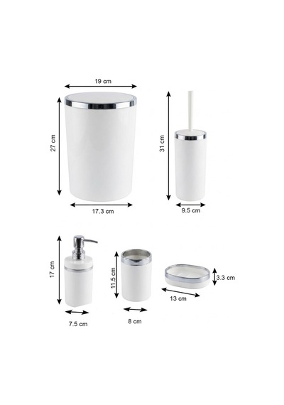 Makri Home 5 Parça Akrilik Banyo Seti, Şık Ve Kaliteli Akrilik, Gümüş Renk Detaylı, Beyaz Beyaz