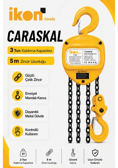 3 Ton 5 M Zincirli Caraskal Manuel Vinç Emniyet Mandallı Kanca Çelik Zincirli Kaldırma Aparatı