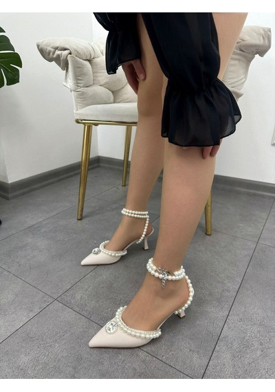 Ervanın Butiği Bej Saten Rival İnci Detay Kadın Stiletto-5279