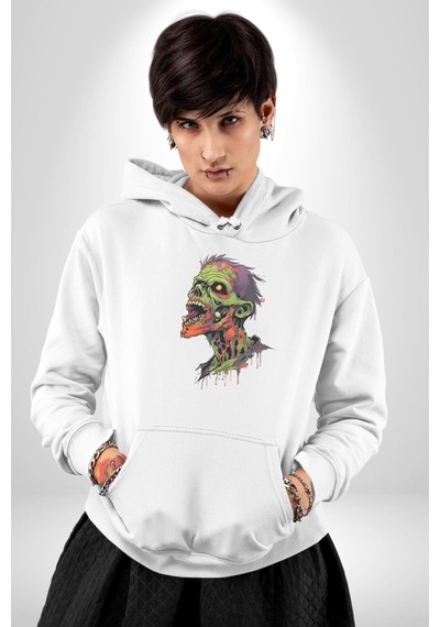 Zombi Kafası Kadın Erkek Beyaz Kapüşonlu Sweatshirt Hoodie Beyaz
