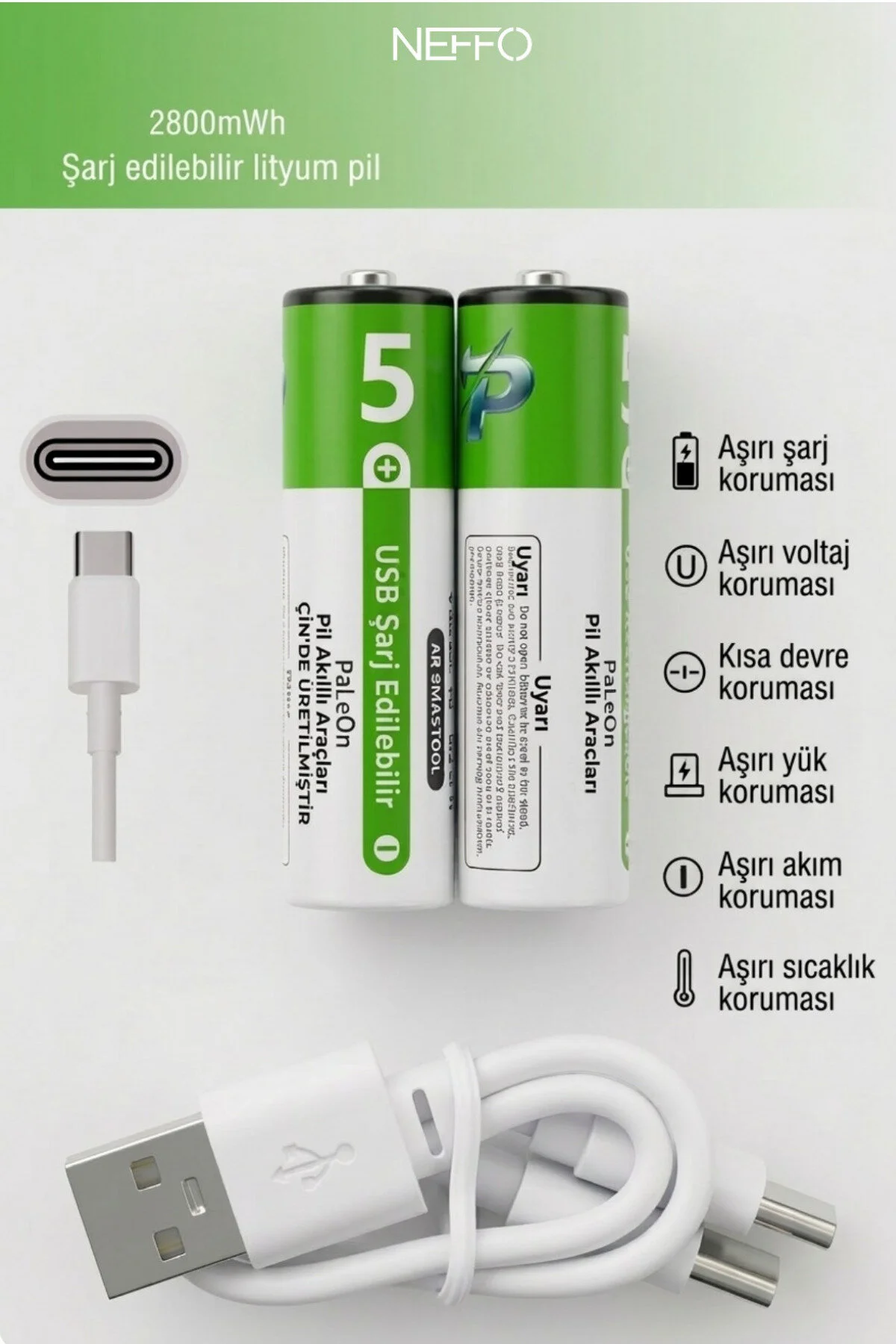 Usb Şarjlı Aa Şarj Edilebilir Pil 2800mwh 2'li Set