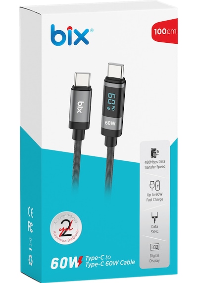 Bix BX06CC Type-C to Type-C 60 W Dijital Ekranlı Şarj Data Kablosu