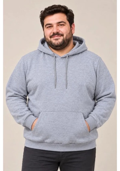 Butik İstanbul Erkek Battal Büyük Beden Üç İplik İçi Şardonlu Kapüşonlu Kanguru Cepli Kışlık Sweatshirt - Gri