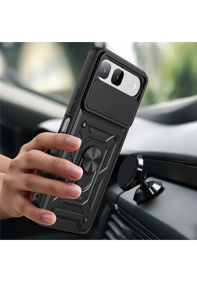 Tecno Spark 40 5g Kılıf Magnetik Standlı Kamera Korumalı Zore Sürgülü Vega Kapak - Siyah