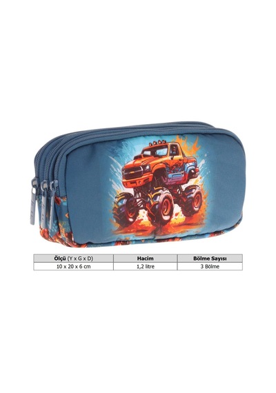 Kaukko Kids Yeşil Kırmızı, Arazi Aracı, Erkek Çocuk Üç Bölmeli Kalemlik/kalem Çantası - L8282 Yeşil - Kırmızı