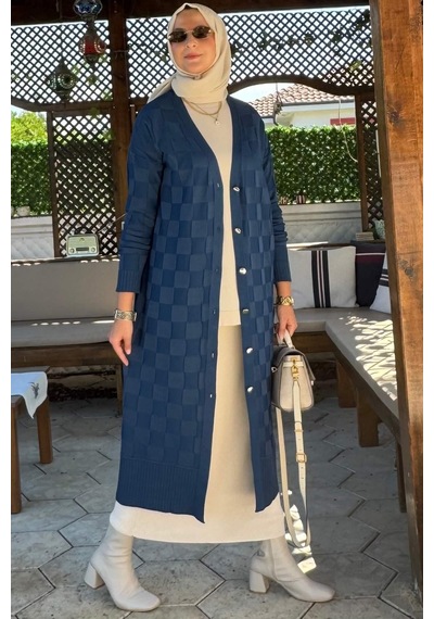 Rabia Şamlı Dama Desenli Triko Hırka İndigo Normal