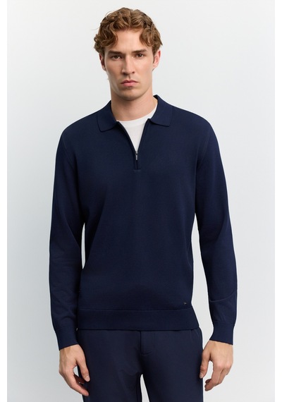 Avva Erkek Lacivert Polo Yaka Fermuarlı Rayon Tüylenmeyen Basic Triko Regular Fit Kazak B005150