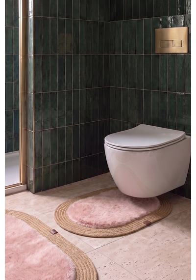 Banyo Paspası Takımı 60x100+40x60 Cm Düz Pembe & Camel