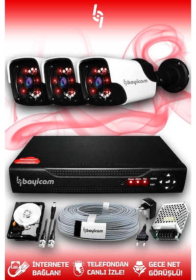 Bayicam 3 Kameralı Panda 3 Dış Kamera Set 1 TB HDD Full HD Gece Görüşlü Güvenlik Kamerası Sistemi