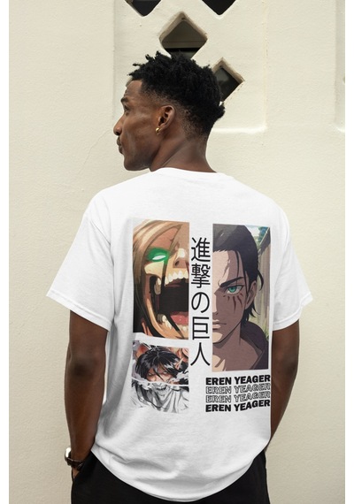 Attack On Titan Eren Yeager Sırt Baskılı Unisex Oversize Anime Ti Beyaz