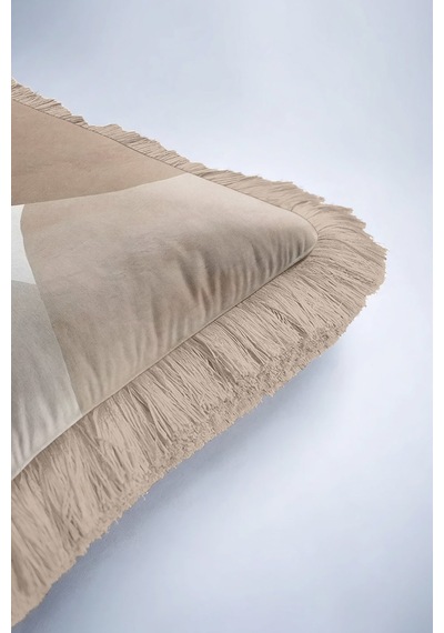 Modern Lüks Saçaklı Yastık Kılıfı - Geometrik Minimalist Bej Modern Püsküllü Kırlent Kılıfı Batımı Koyu Taba