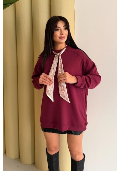 Balenbi Premium Modal Fular Detaylı Bisiklet Yaka Oversize Tunik 1177 Bordo