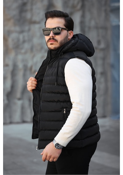 Mero Life Erkek Siyah Standart Fit Çıkarılır Kapüşonlu Cepli Fermuarlı Şişme Yelek