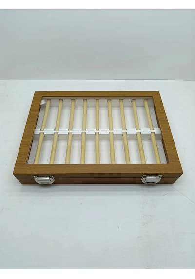 Cam Kapaklı Deri Kumaş Kahve-beyaz Renk 34 Cm / 24 Cm Alyans Sergileme Standı