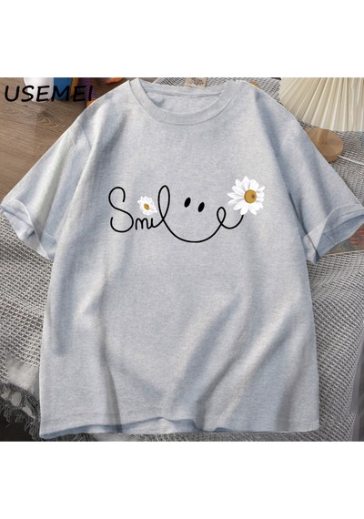Flood Of Style Papatya Gülümseme Yüz T Shirt Yaz Çiçek Baskılı Tişört Kadın Erkek Pamuk Kısa Kollu Tshirt Bo Gri