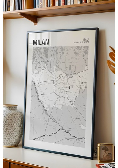 Milano İtalya Milan - Italy Haritası Çerçeveli Tablo Lüks Salon Duvar Dekorasyonu Hediyelik Tablo
