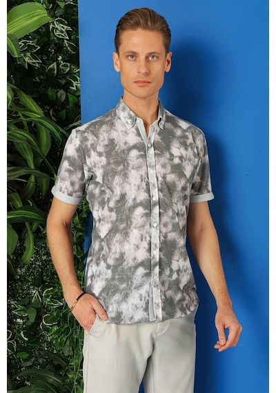 Efor Slim Fit Düğmeli Yaka Batik Desenli Kısa Kol Pamuk Gri Gömlek G 1502 Gri