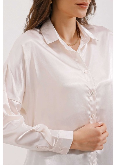 Bigdart 3985 Oversize Saten Gömlek - Bej 001