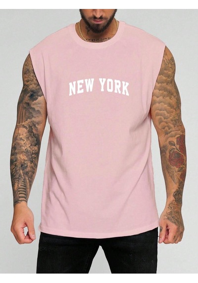 New York Baskılı Kolsuz Tişört Pembe