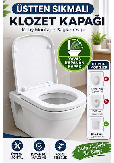 Kare Form Klozet Kapağı 35x43 Cm Soft Close Yavaş Kapanır Üstten Sıkmalı Beyaz