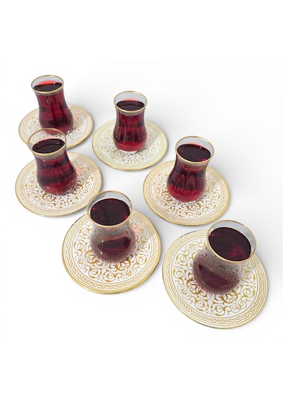 Sudedi Home Altın Yaldızlı Osmanlı Desenli 6 Lı Çay Bardağı Ve Tabak Seti Renkli