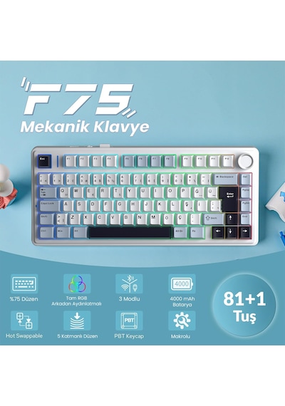 Aula F75 Mekanik Rgb Tkl Graywood V4 Switch Kablosuz Makrolu Hot Swap Türkçe Q Klavye Lacivert