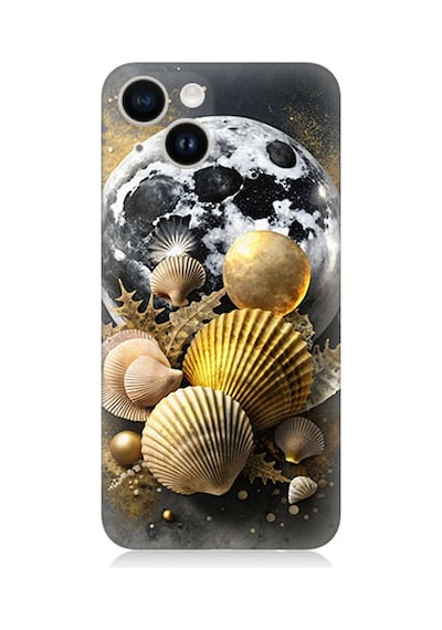 Apple Uyumlu iPhone 14 Ay Ve Deniz Kabukları Desenli Silikon Kılıf Silikon