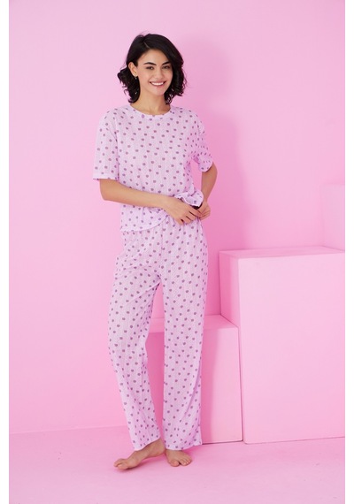Siyah İnci Pointel Ajurlu/delikli Bisiklet Yaka Örme Pijama Takım Lila