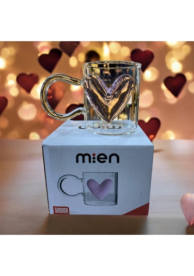 Mien 400 Ml Kalpli Şeffaf Cam Kupa Pembe Kalp Detaylı Pembe - Şeffaf