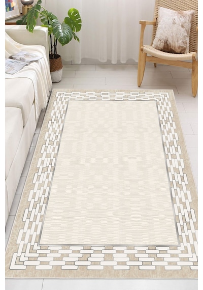 Çerçeveli Modern Kaymaz Taban Makinede Yıkanabilir Halı Oturma Odası Salon Halı Koridor Halı Krem