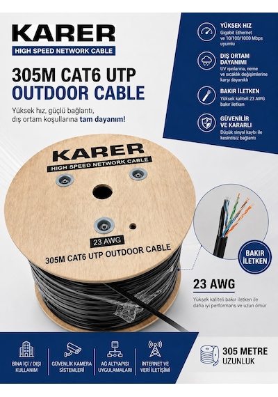 Karer 305 Metre Cat6 Utp Outdoor Dış Ortam İnternet Ve Güvenlik Kamera Kablosu 23 Awg Bakır İletken