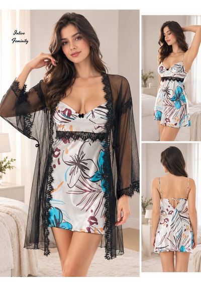 İntive Lingerie Intive Arlise Tül Sabahlıklı Saten Çiçek Desenli Gecelikli Arkası Çok Renkli İntive Lingerie Intive Arlise Tül Sabahlıklı Saten Çiçek Desenli Gecelikli Arkası Çok Renkli