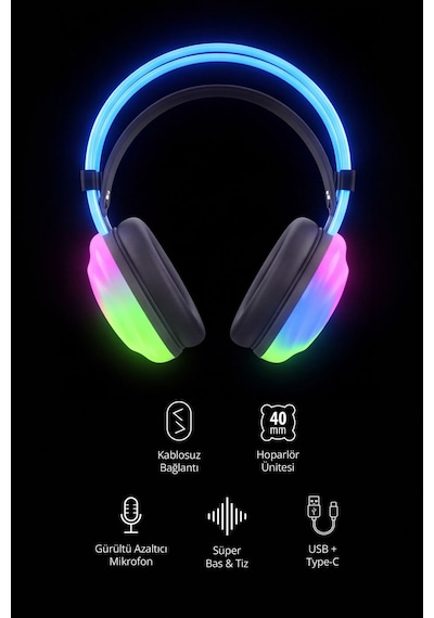 2225 Kablosuz Rgb Oyuncu Kulaklığı Bluetooth 40mm Hoparlör Ünitesi Gürültü Azaltıcı Mikrofon