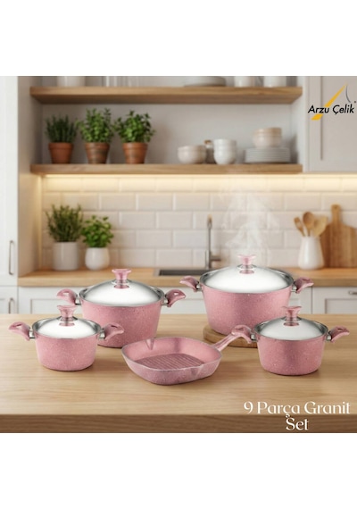 9 Parça Granit Set Çelik Kapak - Pembe Pembe